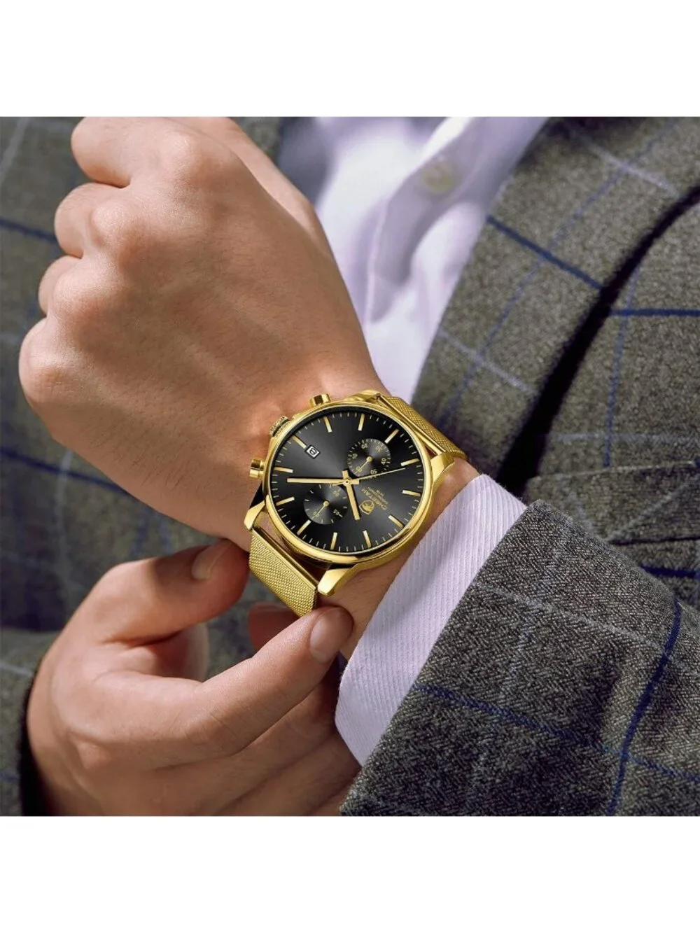 Men's Gold Black Mesh Stainless Steel Minimalist Quartz Analog Chronograph Watch